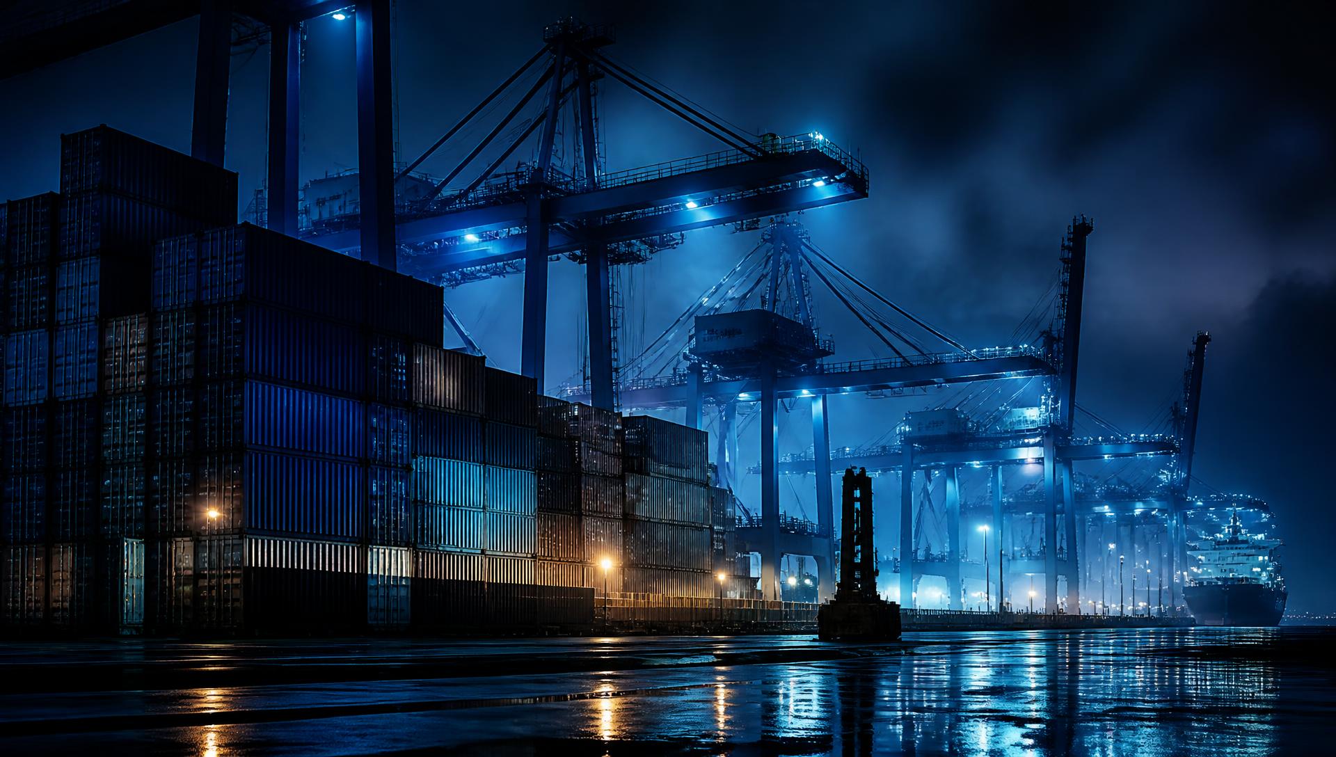 Container terminal at night with gantry cranes under blue floodlights
